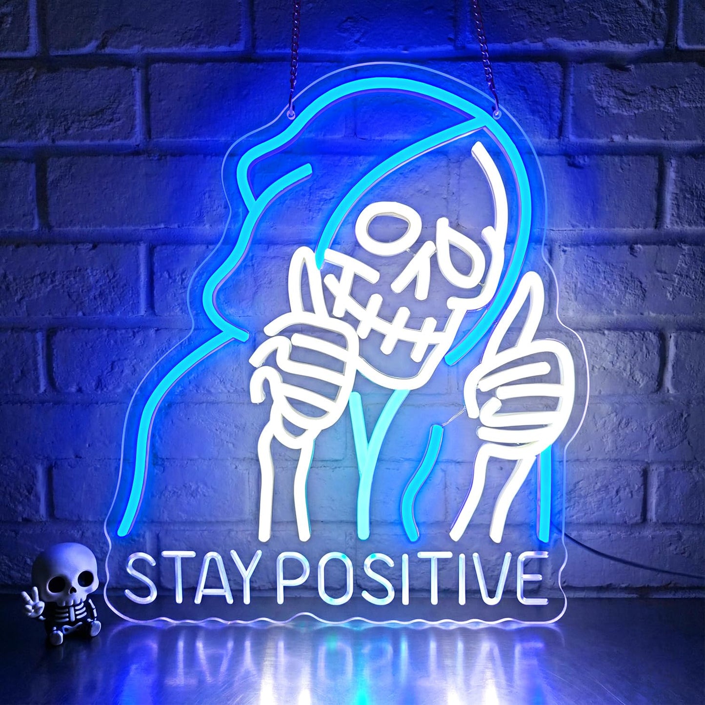 STAY POSITIVE Neon Sign Wall Decor, Motivational Skeleton‌ Lights up, Inspirational LED Sign Halloween Party Decorations for Man Beer Bar Man Cave Pub Garage Workshop