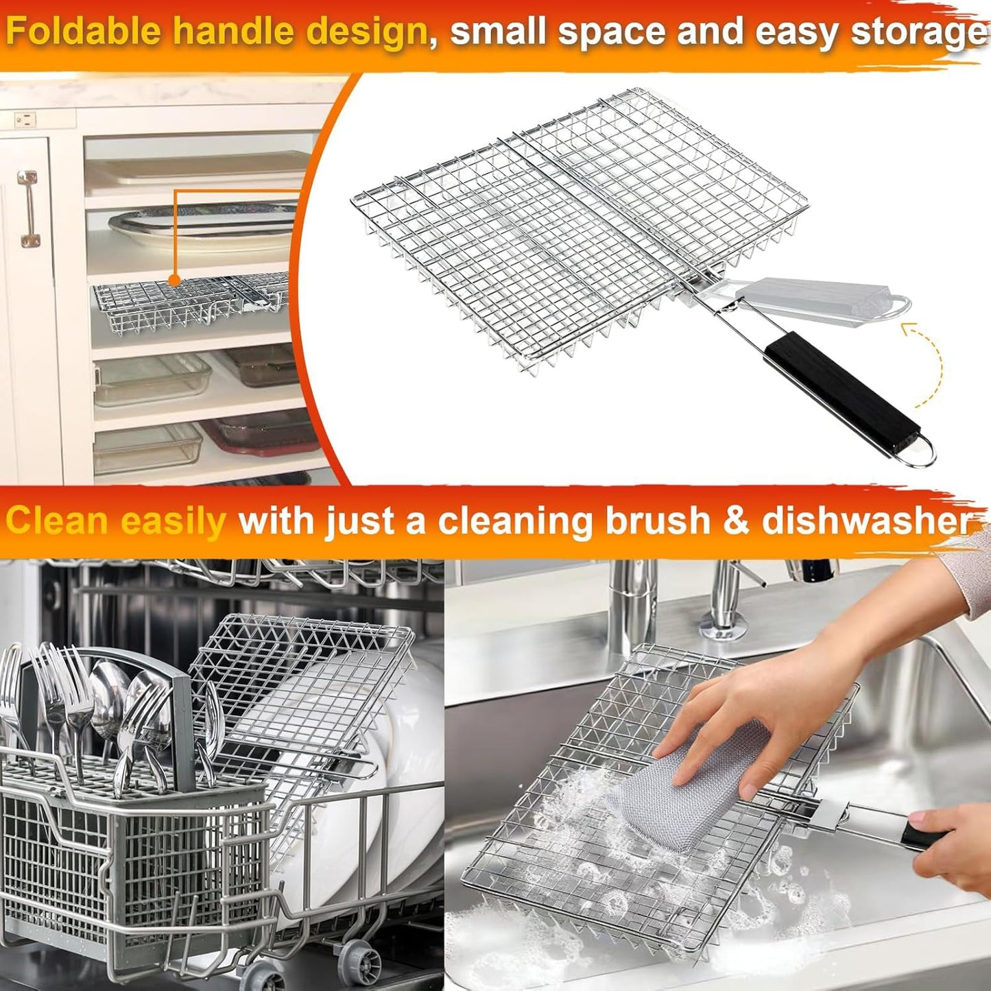 WHALERISE 6pcs,Basting Grill Basket for Outdoor Grill, Stainless Steel Grilling Basket with Foldable Handle, Portable