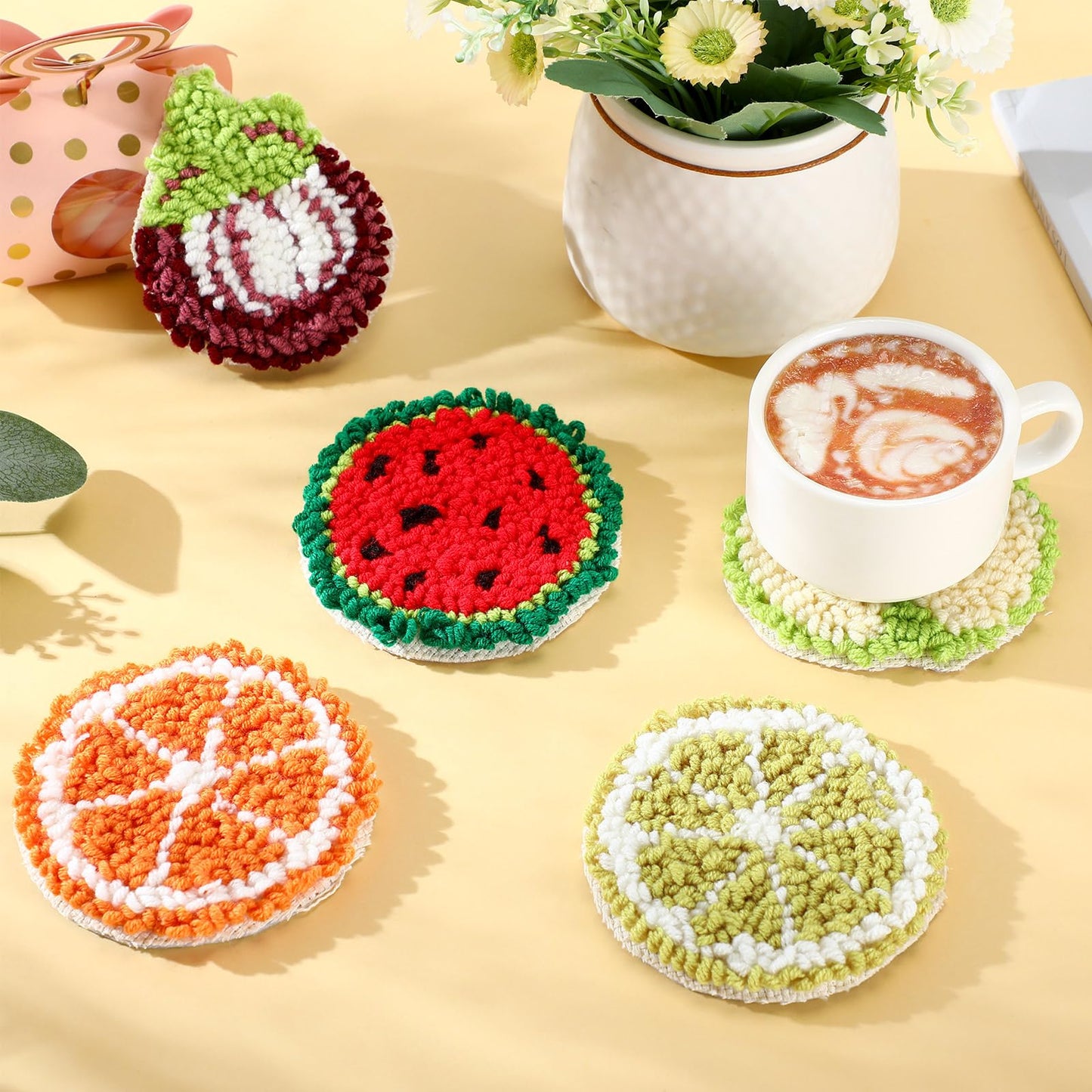 Yaomiao 6 Pcs Fruit Punch Needle Coaster Kit Punch Needle Embroidery Kits Craft Supplies with Patterns Yarns Tools Adhesive Felt Embroidery Hoop Instruction Holder for Adult DIY