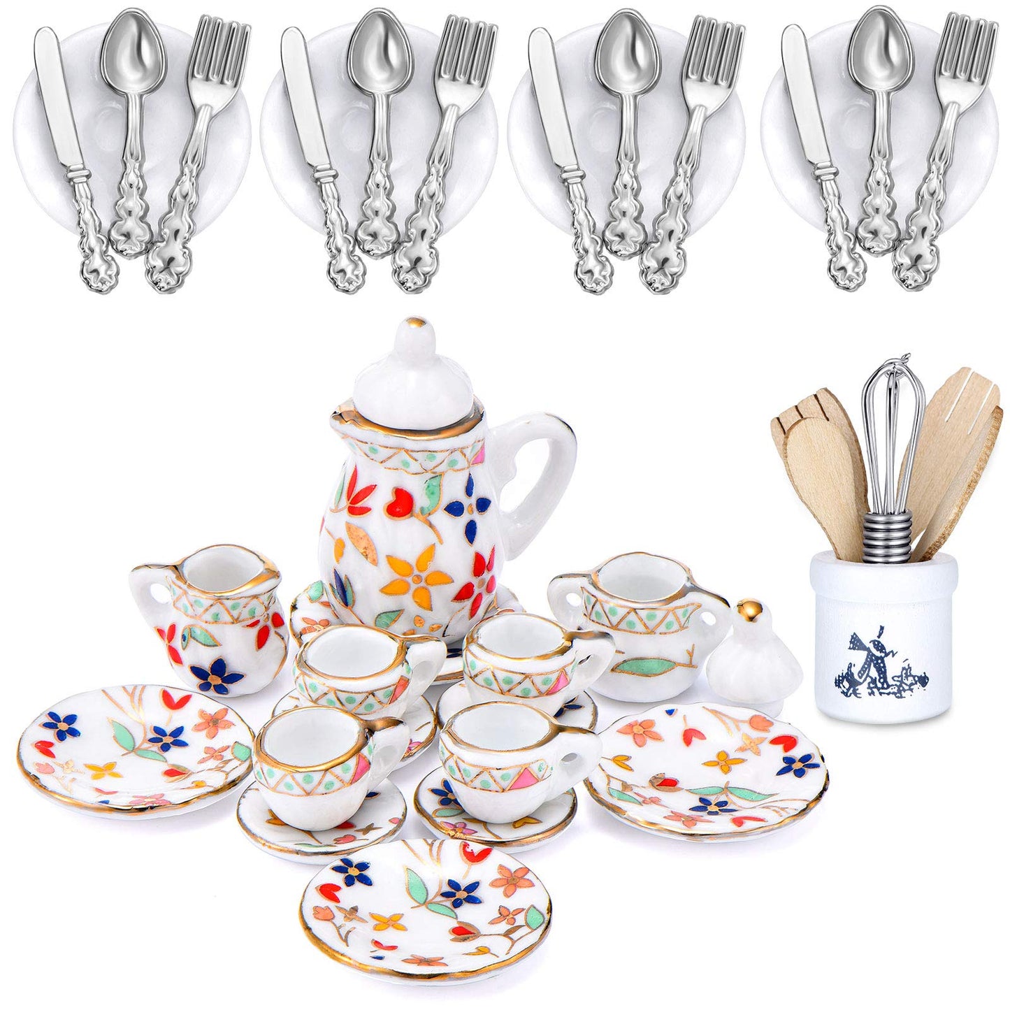 Skylety 37 Pieces 1:12 Scale Miniatures Dollhouse Kitchen Accessories Include 16 Plates Knife Fork Spoon, 6 Egg Beater Utensil, 15 Tea Cup Set(Flora Bloom)