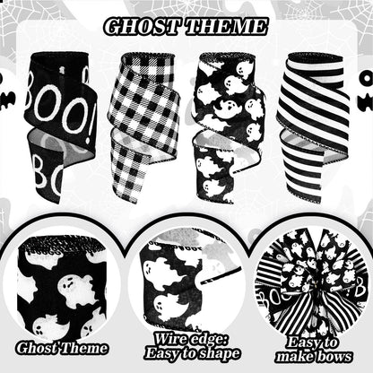 Whaline 4 Rolls Halloween Wired Ribbon Black White Ghost Pattern Gift Wrapping Ribbon Buffalo Plaid Stripe Decorative Ribbons for Crafts Bow Wreath Gift Wrapping Halloween Party Decor, 24 Yards