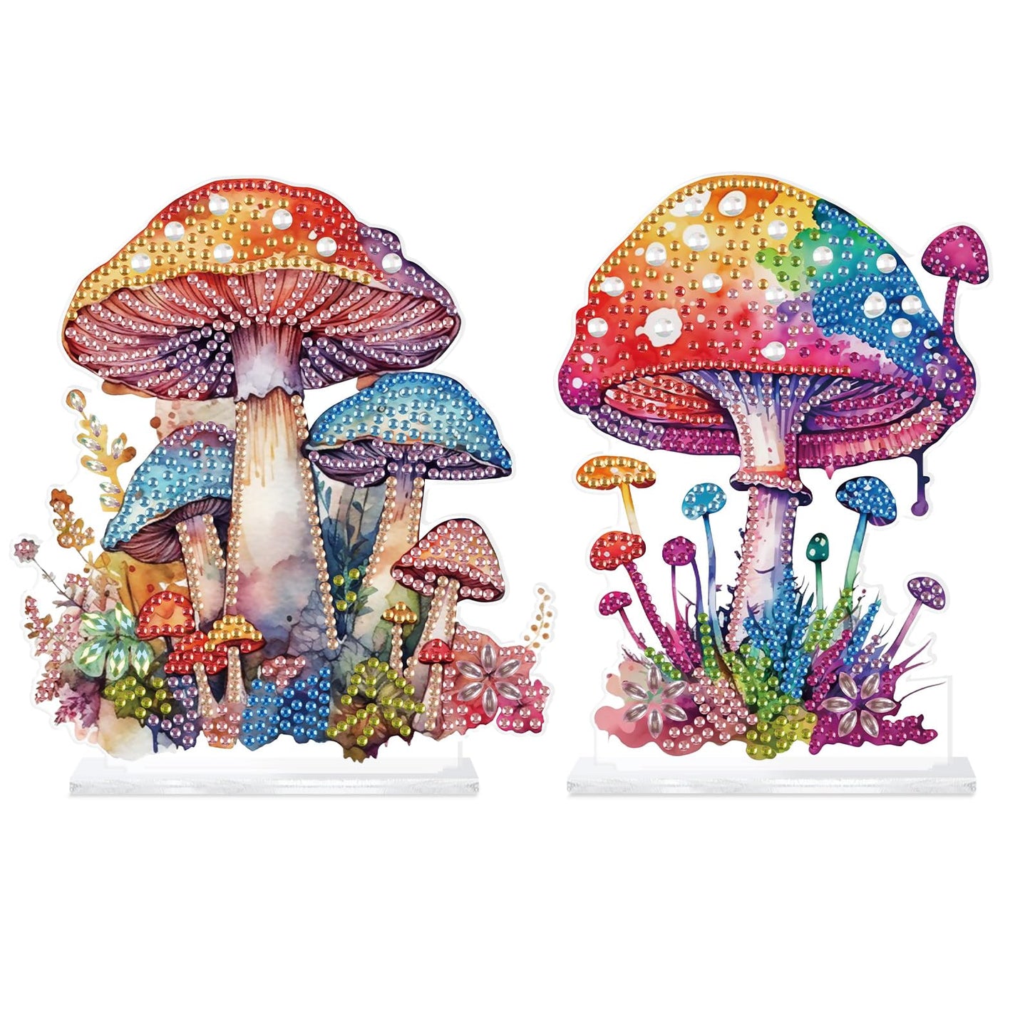 antor 2 Pcs Mushroom Diamond Art Tabletop Ornaments, 5D Acrylic Crystal Diamond Painting Desktop Kits for Adults, DIY Special Shaped Diamond Art Desk Decorations for Home Office, Desktop Crafts Gifts