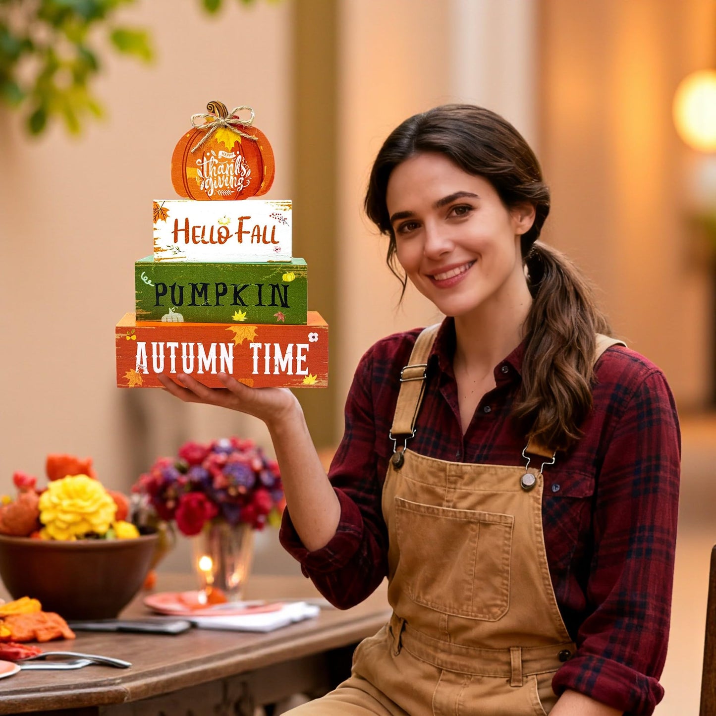 4 Pcs Fall Thanksgiving Decorations for Home,Wooden Pumpkin Signs with Sayings Hello Fall Maple Leaf Block Signs Tiered Tray Tabletop Decor Thanksgiving Decor Indoor for Office Farmhouse Home Kitchen