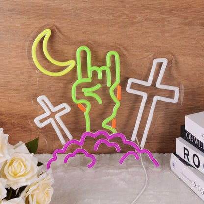Halloween Devil Neon Sign Rock Gesture Cross With Moon and Cloud Neon LED Lights Zombie Spooky All Saints' Day Wall Neon Lamp for Halloween Party Bedroom Home Bar Pub Amusement Park Decor