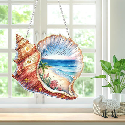 Bowetile Summer Diamond Art Hanging Kits for Adults, Diamond Art Suncatchers Conch Shell, 5D Special Shape Diamond Painting Beach Pendant Window Ornament Gifts for Home Wall Door Garden Decor