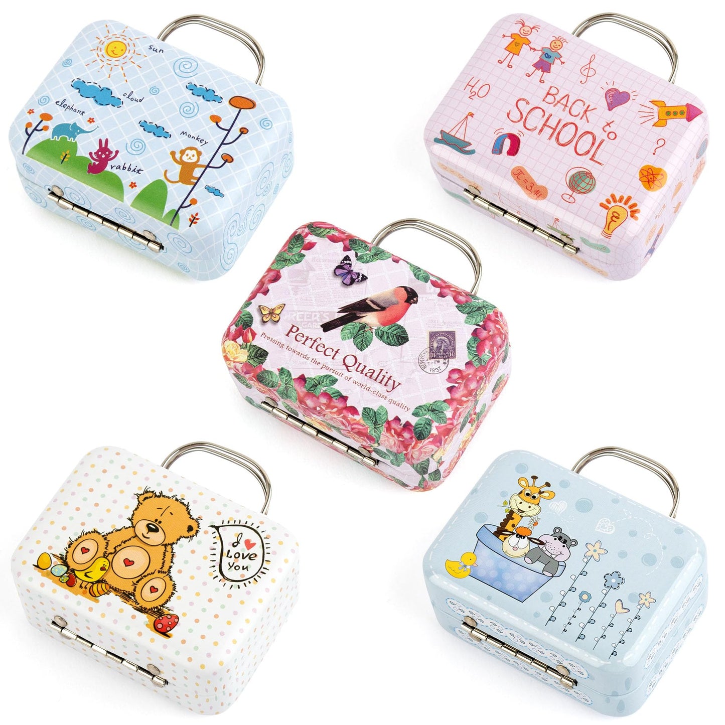 Framendino, 5 Pack Mini Suitcases Boxes Small Cartoon Tin Plate Gift Box Rectangular Coin Container Handbag with Handle for Party Wedding Decorations (Style C)