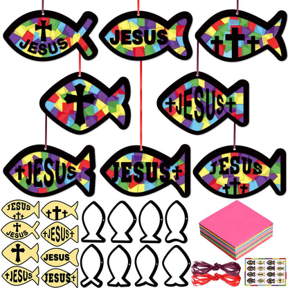 Funrous 32 Set Faith Fish Suncatcher Crafts Kit DIY Easter Christain Cross Crafts with Tissue Paper Religious Sun Catcher Ornaments Church Sunday School VBS Classroom Activities Window Decor Supplies