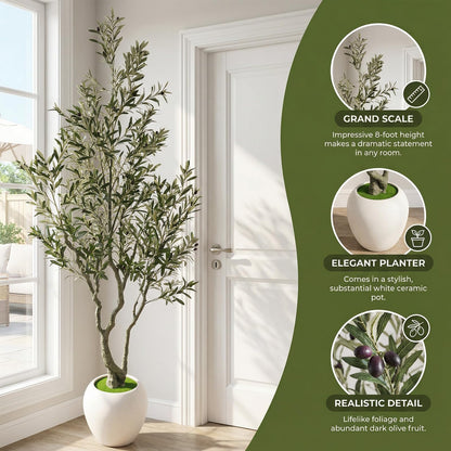 Huhemy 8ft Faux Olive Tree Artificial Indoor,Fake Olive Tree with Pot,Large Olive Branches and Lifelike Fruits,for Home Office House Living Room Decor