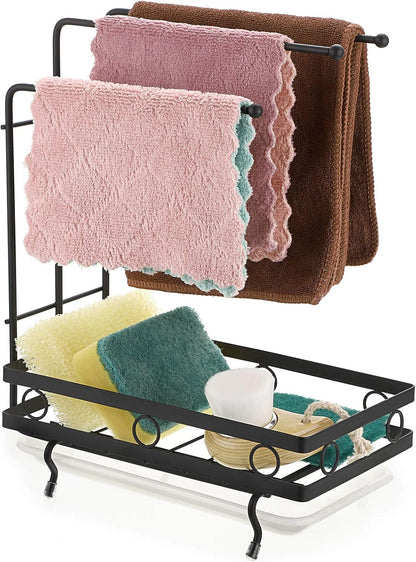 JUXYES Kitchen Sink Caddy Sponge Holder with Dishcloth Drying Rack, Storage Organizer for Kitchen Countertop, Black