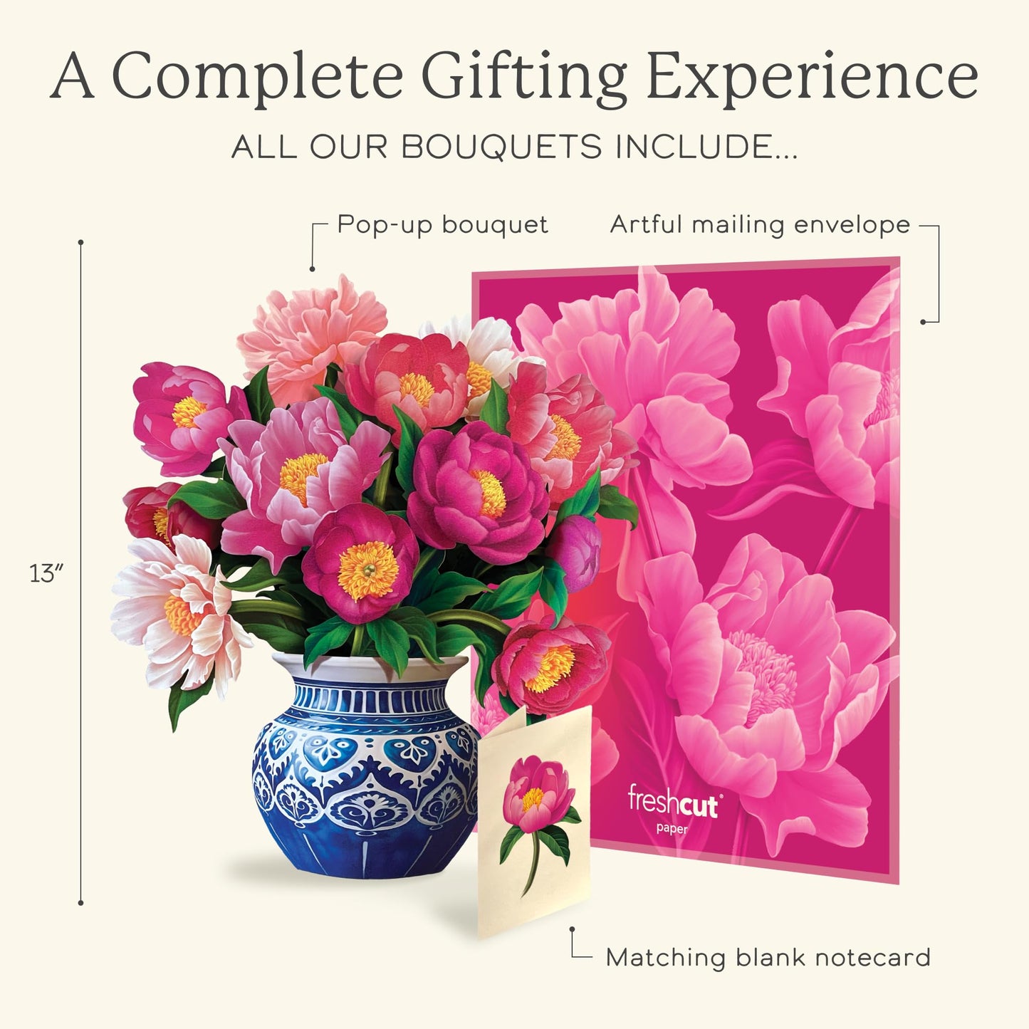 Freshcut Paper Peony Paradise 13 Inch Life-Sized 3D Pop Up Card – Birthday, Mothers Day, Thank You, Gifts for Mom and Her – Includes Notecard and Envelope