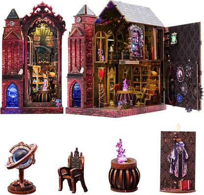 Magic Castle Book Nook Bookshelf Insert Kit – LED Infinity Mirror 3D Wooden Puzzle with Gear Mechanism,368 Pcs DIY Model for Fantasy Book Decor, Gifts for Adults & Teens