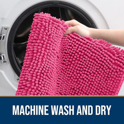 OLANLY Dog Door Mat - Absorbent Non-Slip Washable Chenille Mat for Muddy Paws | 34x21 Hot Pink