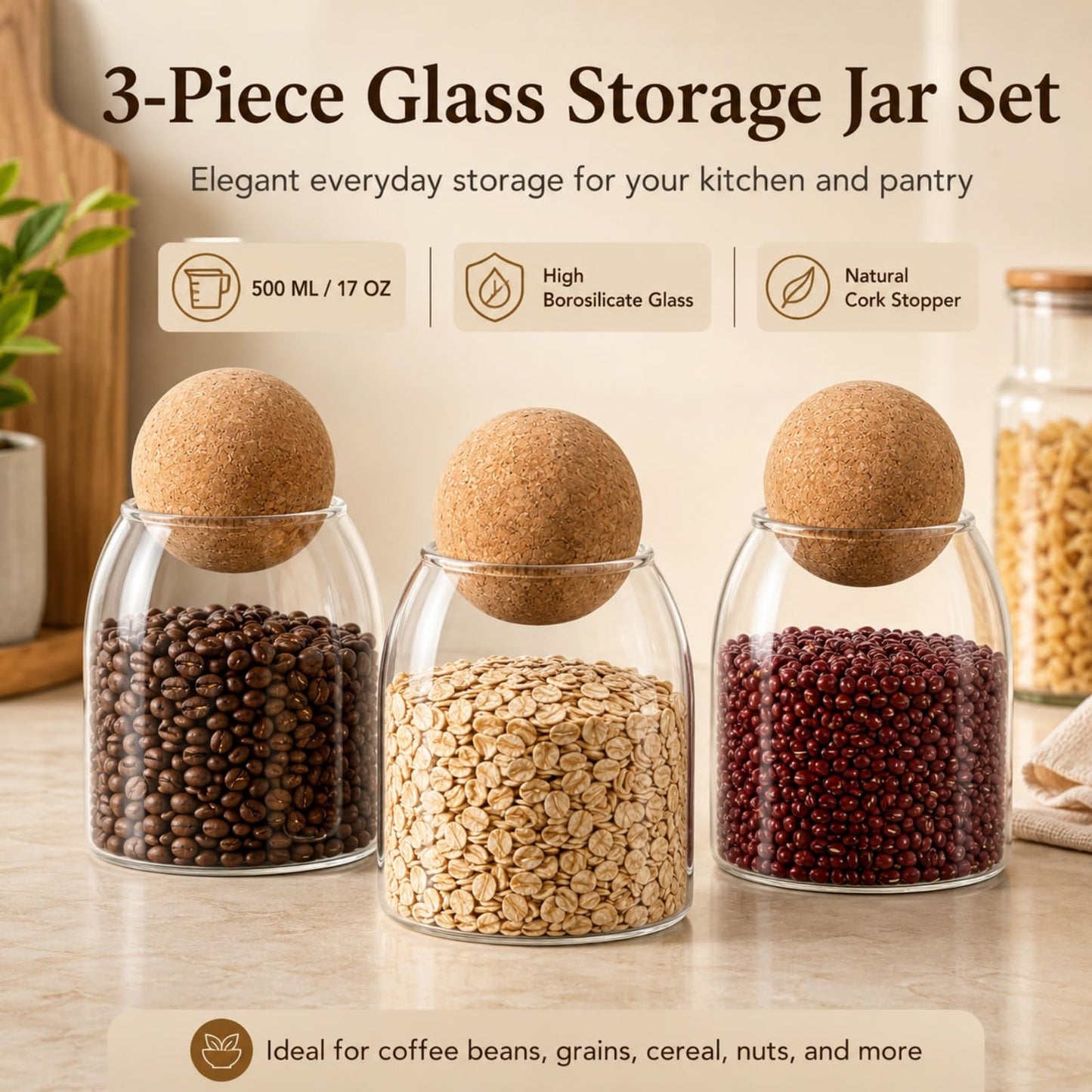 RHBLME 3 Pack Glass Storage Containers with Ball Cork, 17 Oz/500ML Glass Jar with Cork Lid, Round Cork Glass Bottle, Small Candy Jar with Wood Ball Lid for Food, Coffee, Sugar, Spice, Tea, etc