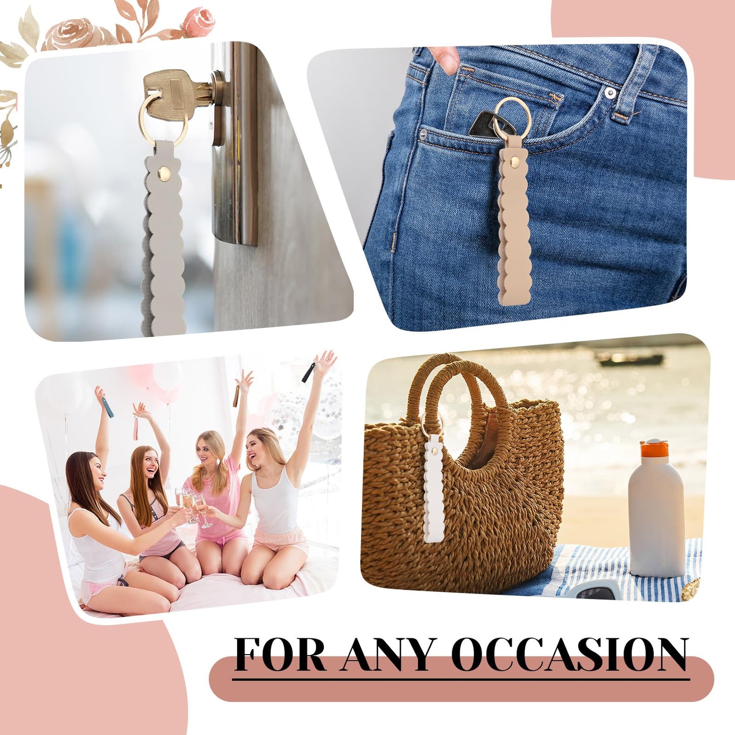 Wavyknot 50 Pcs Scalloped PU Leather Keychain Wave-edged Blanks Laser Engraving Blanks Loop Keychain Kit Bulk with Key Rings 5.51" x 0.79" for DIY Key Chains Craft, Anniversary, Birthday Gift