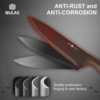 NULAS Knife Set, 8-Piece Kitchen Knife Set with Universal Block - Anti-Rust Chef Knives, Ergonomic Design, Dishwasher Safe (Black)