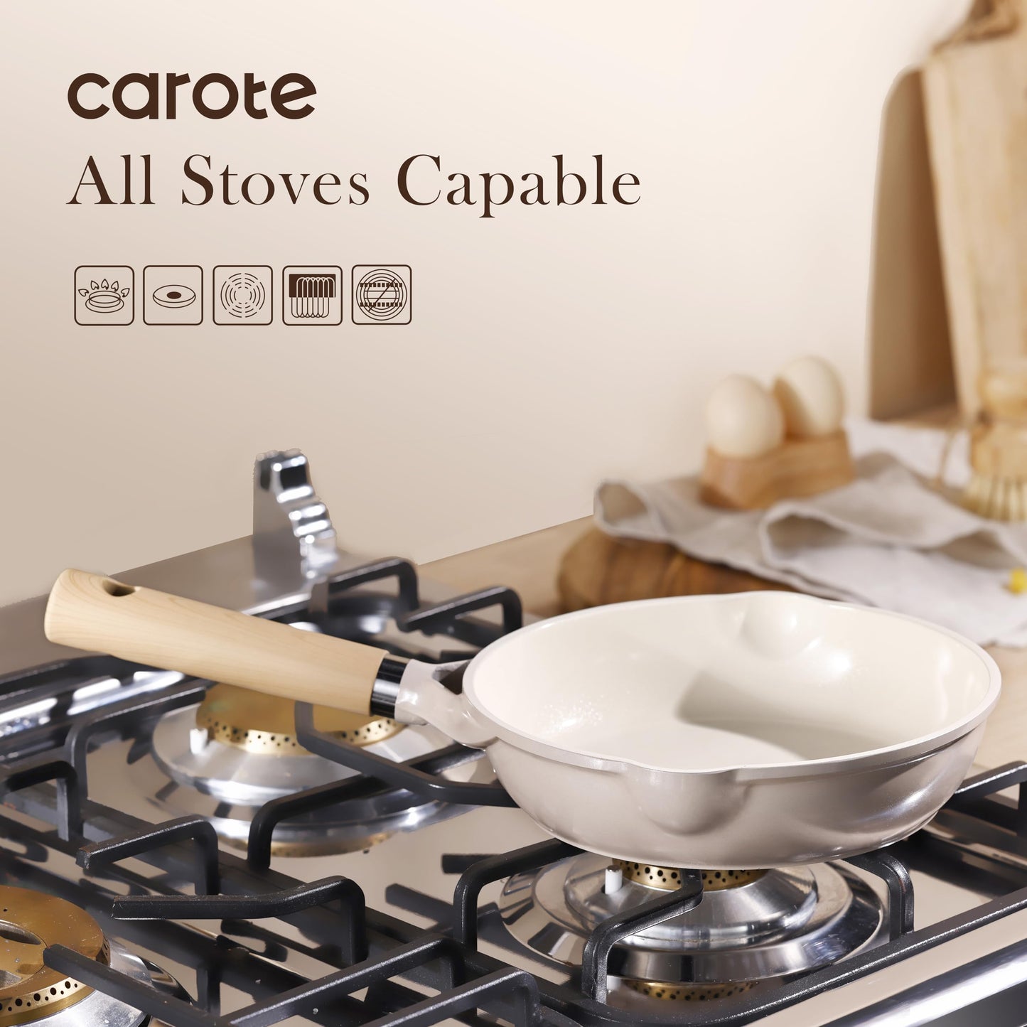 CAROTE 10" Ceramic Frying Pan Skillet, Non Stick Skillet Chef's Pan, Healthy & PFOA/PFAS Free, Induction-Compatible, Taupe