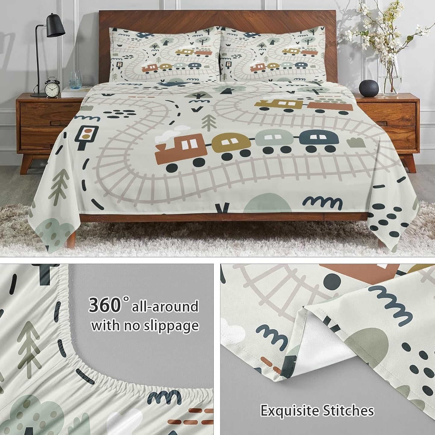 4 Set Sets Pcs Fitted Sheet Full Size, Cute Baby Car Train Road Map, Bed Decor Funny Nursery Cartoon Forest Traffic