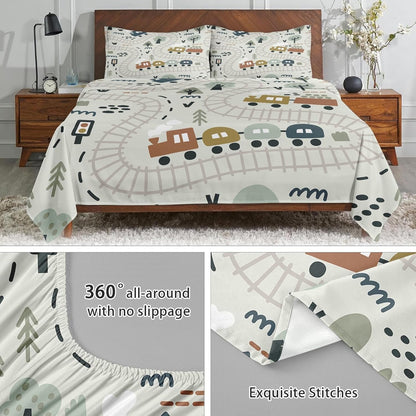 4 Set Sets Pcs Fitted Sheet Full Size, Cute Baby Car Train Road Map, Bed Decor Funny Nursery Cartoon Forest Traffic