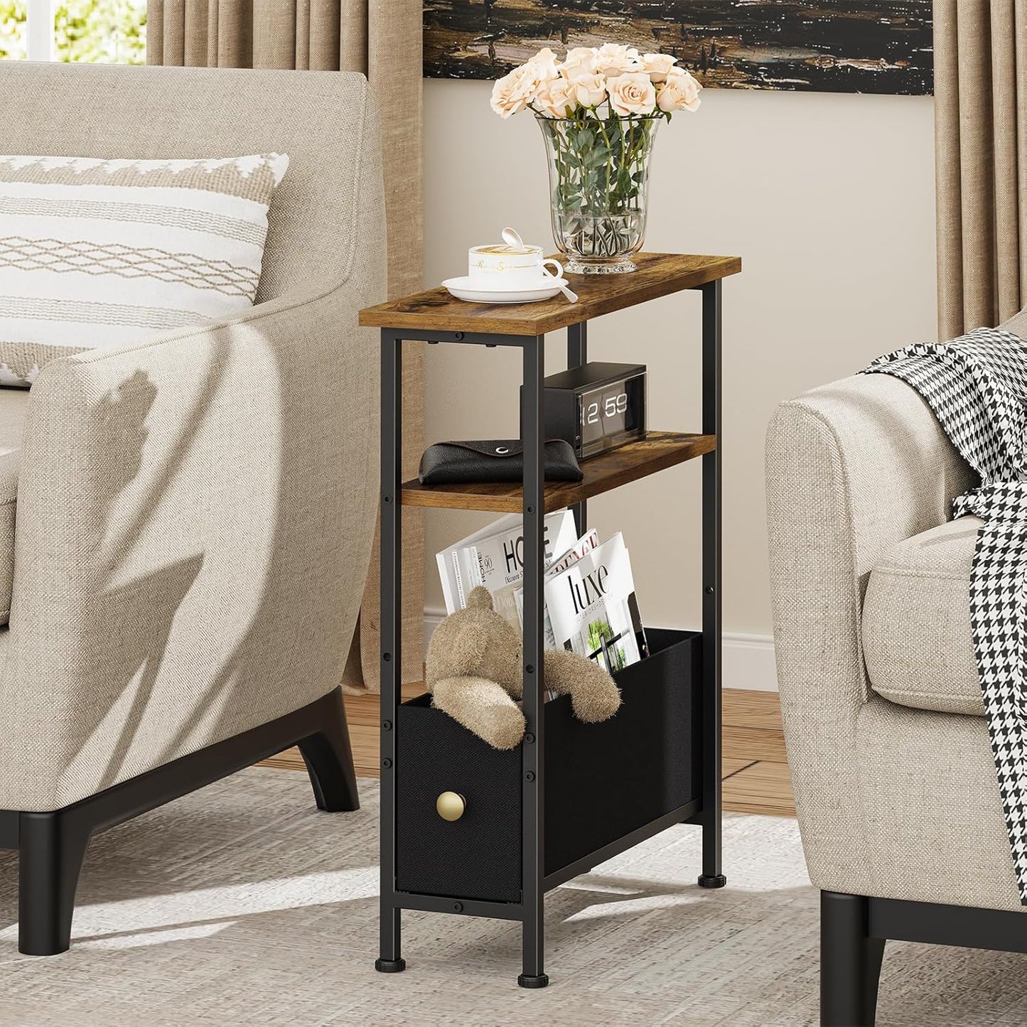 1 3-Tier Narrow Small Side Table, End Table with Fabric Drawer and Storage Shelf, Skinny Nightstand, Slim Bedside Table