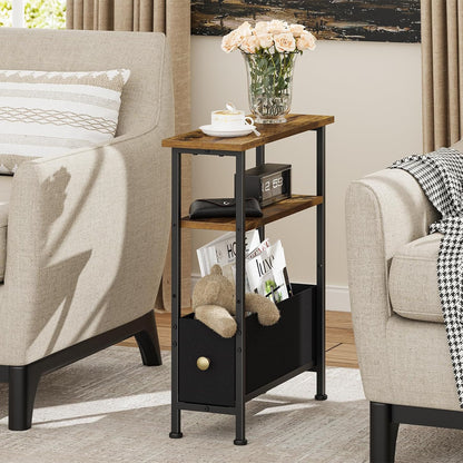 1 3-Tier Narrow Small Side Table, End Table with Fabric Drawer and Storage Shelf, Skinny Nightstand, Slim Bedside Table