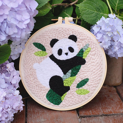 HAND U JOURNEY Punch Needle Beginner DIY Kit – 18 Colors Yarn, 2 x 8.4 Hoops with Panda & Cupcake Patterns, Punch Tool, Skill Guide, and 1 Blank Monk's Cloth for Creative Embroidery Craft