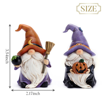 Valery Madelyn Gnomes Halloween Decorations Indoor, 2 Pcs Resin Gnome Decor for Home with Witch Hat Broom Jack O Lantern Moon, Halloween Figurines Elf Dwarf for Table Tiered Tray Outdoor, 3.6"