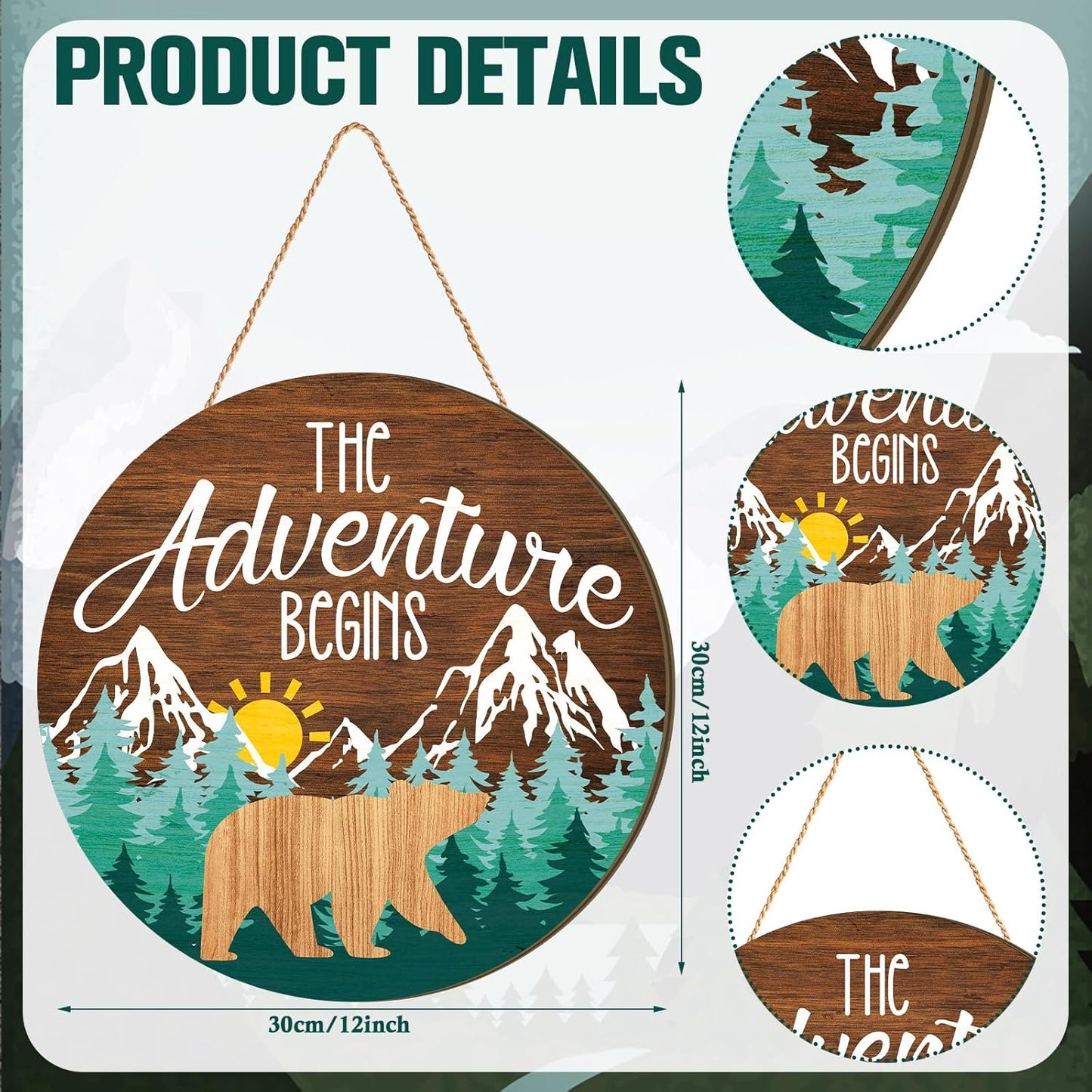 12 12'' Chunful The Adventure Begins Wooden Hanging Sign, x Woodland Nursery Decor, Green Trees Brown Background