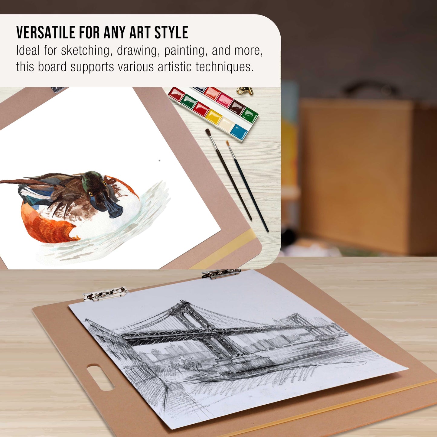 U.S. Art Supply 23" x 26" Artist Sketch Tote Board - Lightweight Hardboard Drawing Board with Handle, Clip & Rubber Band for Art, Sketching, Travel, Studio
