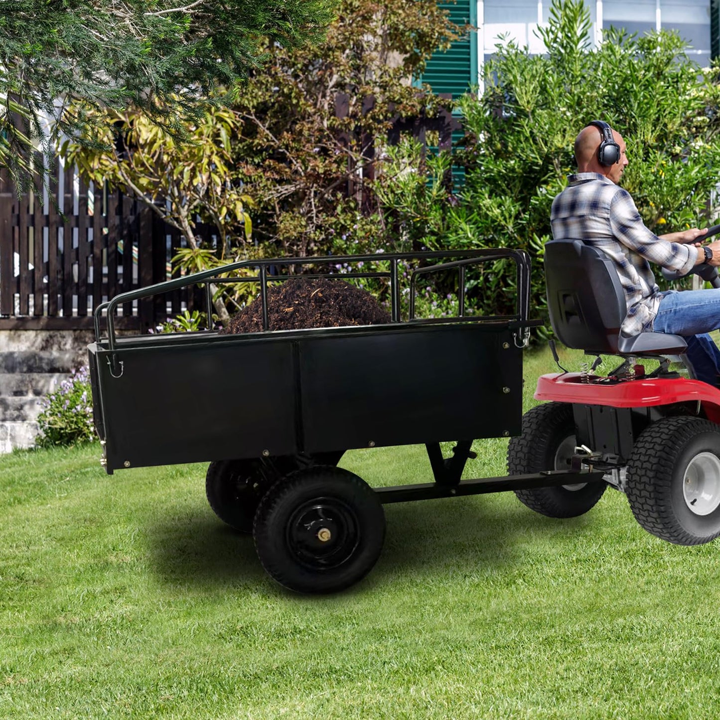 Heavy Duty Dump Cart ATV/UTV Trailer, 1600 Lb with Removable Sides & All Terrain Tires Lawn Mower- Gardening Equipment for Yard, Lawn, and Outdoor Use