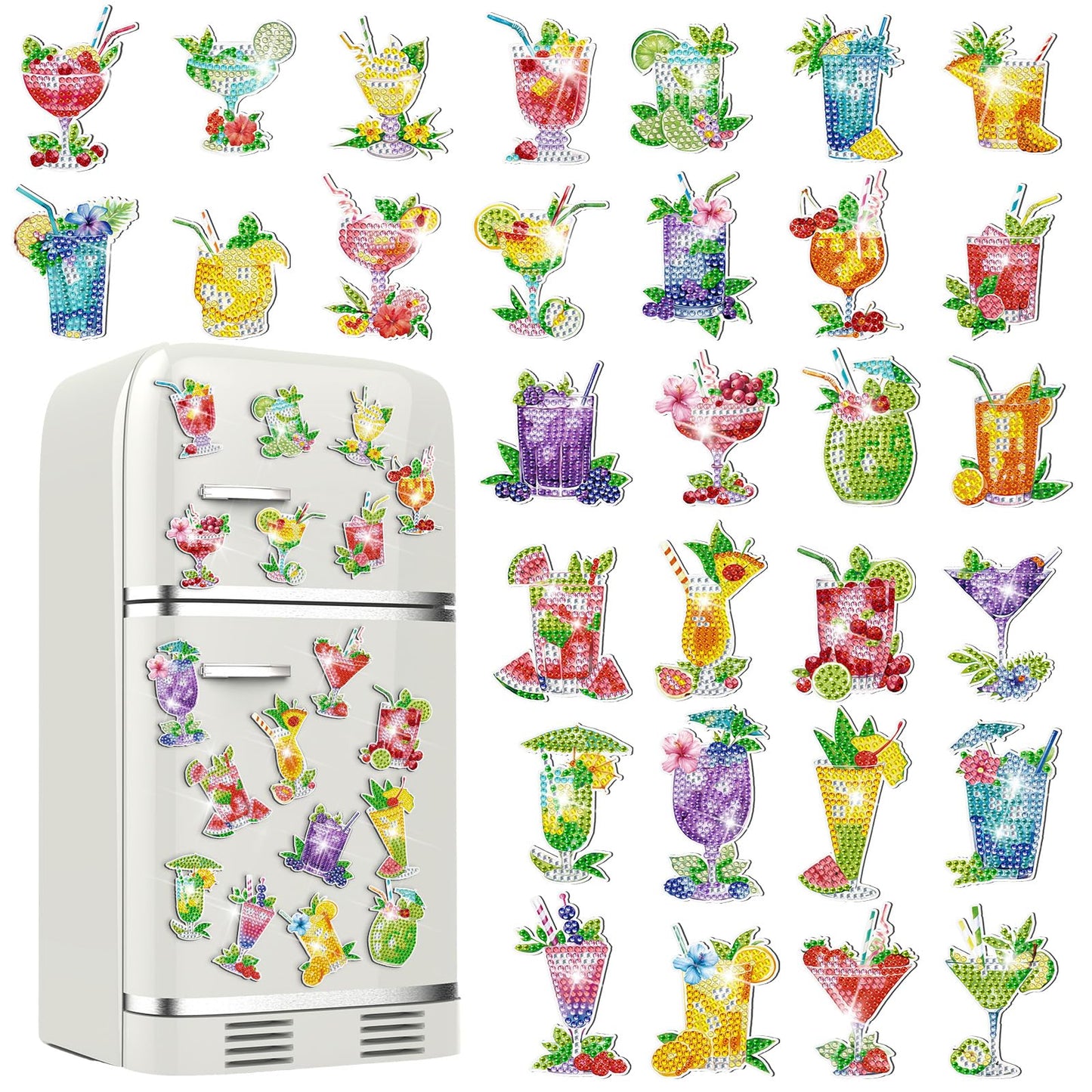 Remuuly 30 Pcs Cocktail Diamond Painting Magnets, Summer Diamond Art Magnet Kits for Adults, Tropical Drink 5D Rhinestones Gem Refrigerator Magnetic Stickers for Beginner, DIY Crafts, Fridge Gifts