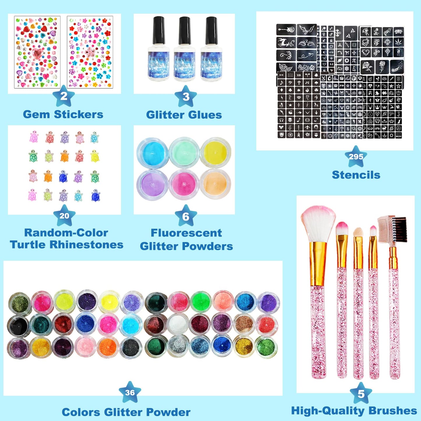 Glitter Tattoo Kit, All-in-One Glitter Tattoos for Kids & Adults with 295 Stencils, 42 Color Powders, 2 Gem Stickers & 20 Turtle Rhinestones, Face & Body Art, Ideal for Carnival, Birthday Party Gift