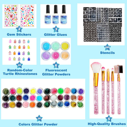Glitter Tattoo Kit, All-in-One Glitter Tattoos for Kids & Adults with 295 Stencils, 42 Color Powders, 2 Gem Stickers & 20 Turtle Rhinestones, Face & Body Art, Ideal for Carnival, Birthday Party Gift