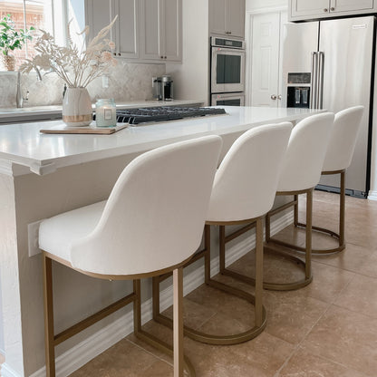 Leick Home 214957 Barrelback Counter Stool with Metal Base, Set of 4, for Elevated Kitchen Counters, High Top Tables, and Bars, Modern White Linen Seat and Gold Metal Base
