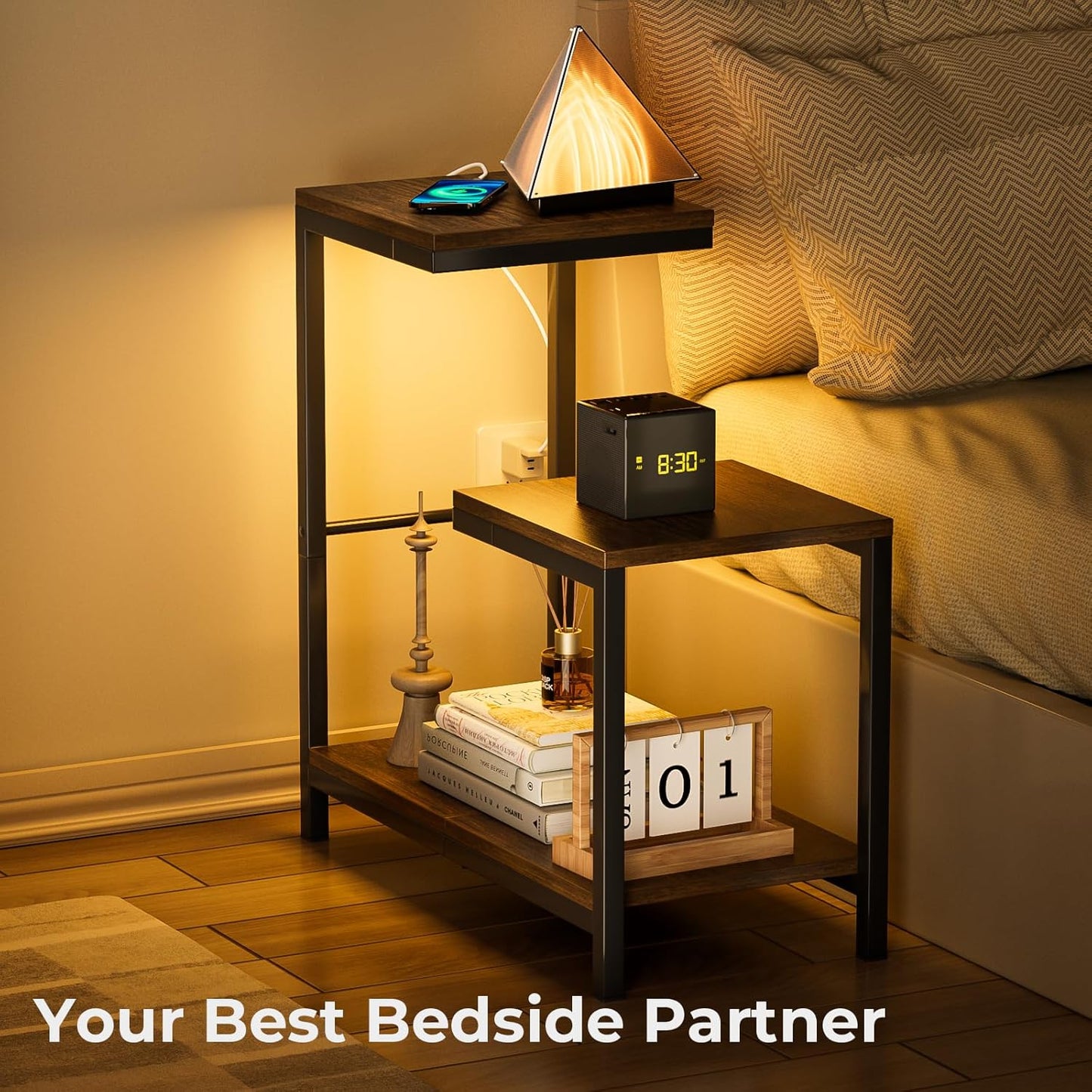 G-Shaped End Table - Small Side Table for Living Room, Bedside Table with Storage Shelf, Corner Tables for Small