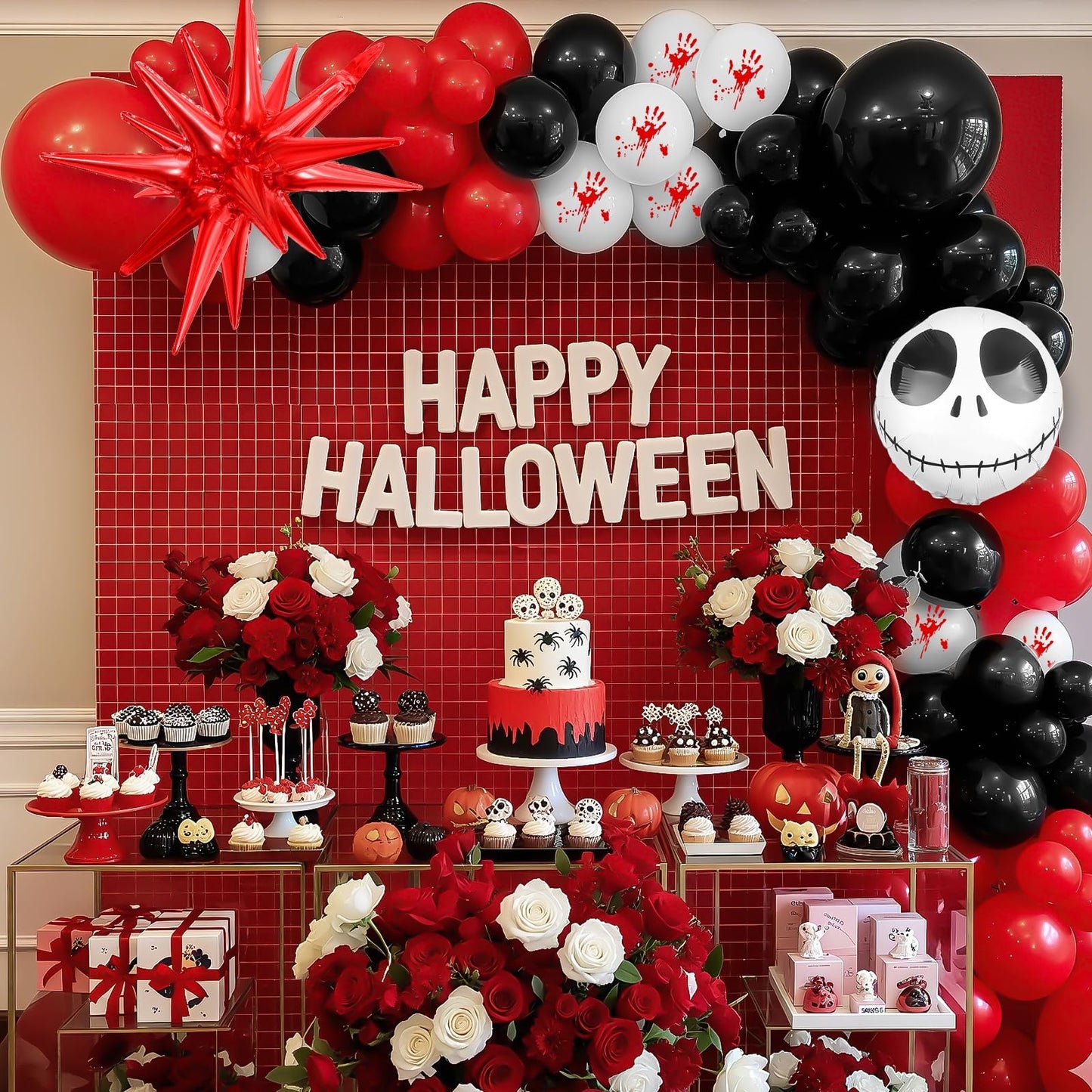 Halloween Balloon Arch Kit Bloody Balloons Garland Black and Red Balloon with Skull Face Explosion Star Foil Balloon for Nightmare Horror Theme Birthday Spooky Vampire Skeleton Cat Party Decorations