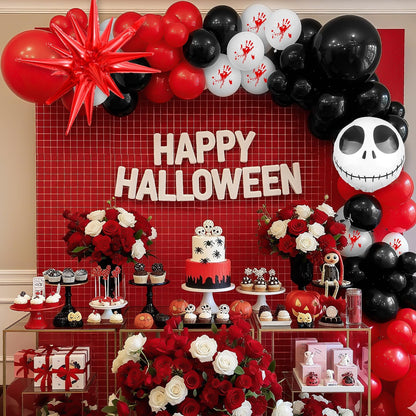 Halloween Balloon Arch Kit Bloody Balloons Garland Black and Red Balloon with Skull Face Explosion Star Foil Balloon for Nightmare Horror Theme Birthday Spooky Vampire Skeleton Cat Party Decorations