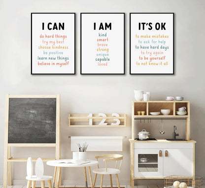 PPJ 3Pcs Affirmations For Kids Wall Art Nursery Wall Decor Daily Inspirational Quotes Prints Posters Kids Bedroom