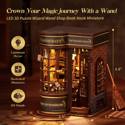 FUNPOLA 3D Wood Puzzle Wizard Wand Book Nook Kit - DIY Miniature Bookshelf Insert with LED Light - Creative Home Decor Gift for Display (Wizard Wand Shop)