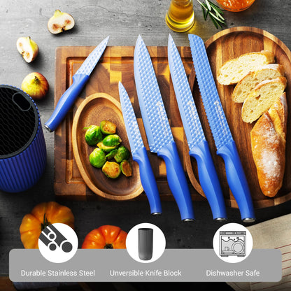 Mealia Kitchen Knife Set with Block, 6-Piece Non-stick Stainless Steel Sharp Knives Set for Precision Cutting with Universal Knife Block for Kitchen, Ergonomic Design & Dishwasher Safe, Purple