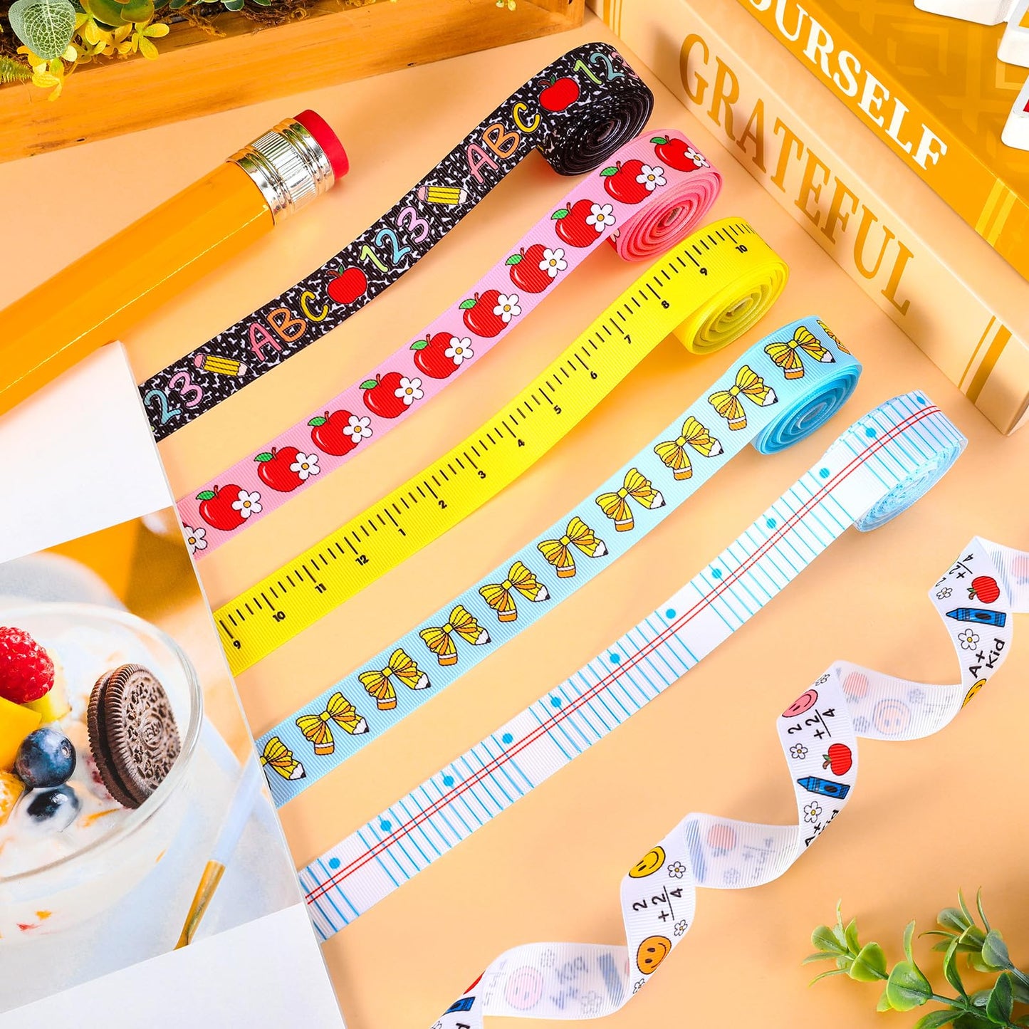 Whaline 6 Rolls Back to School Grosgrain Ribbons 7/8" 30 Yards Fabric Craft Ribbon Composition Notebook Ruler Pencil Bow Apples Ribbon for Wreath Bow Gift Wrap Party Decor