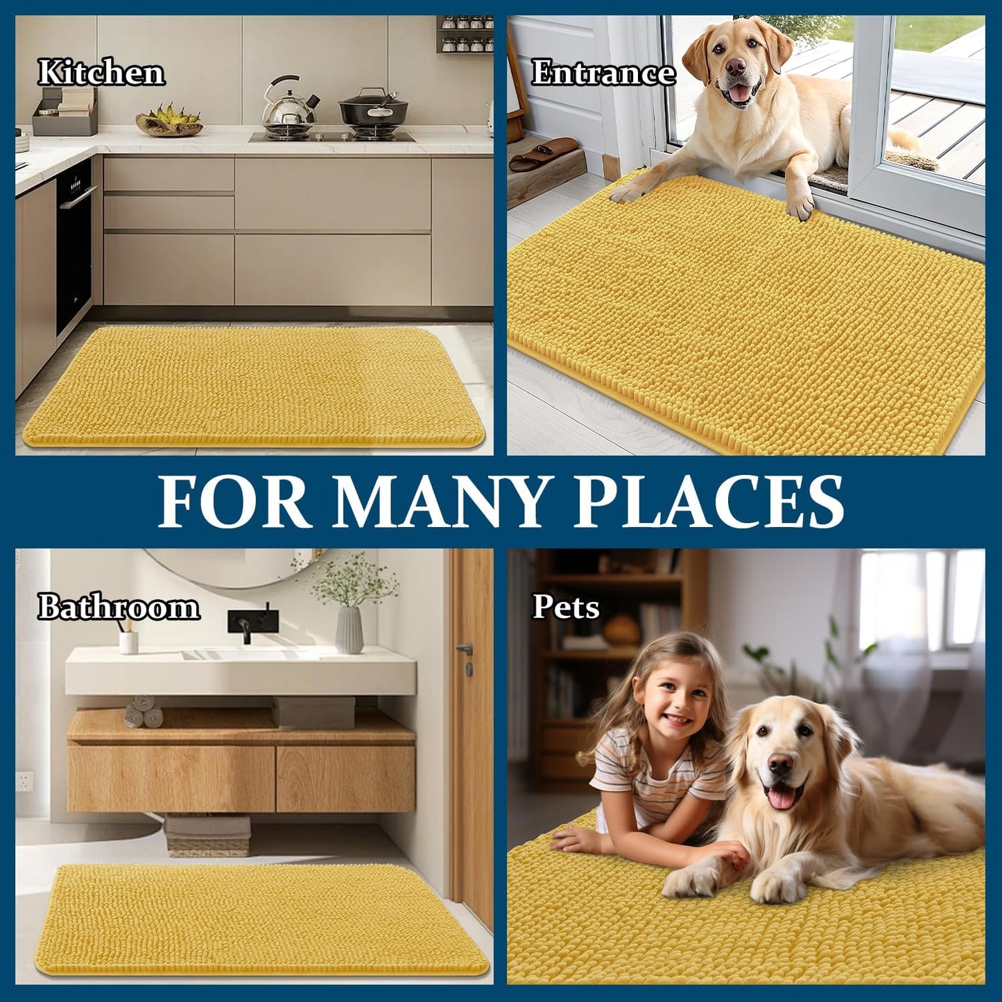 OLANLY Dog Door Mat - Absorbent Non-Slip Washable Doormat for Muddy Paws | Quick Dry Chenille, 24x16, Yellow