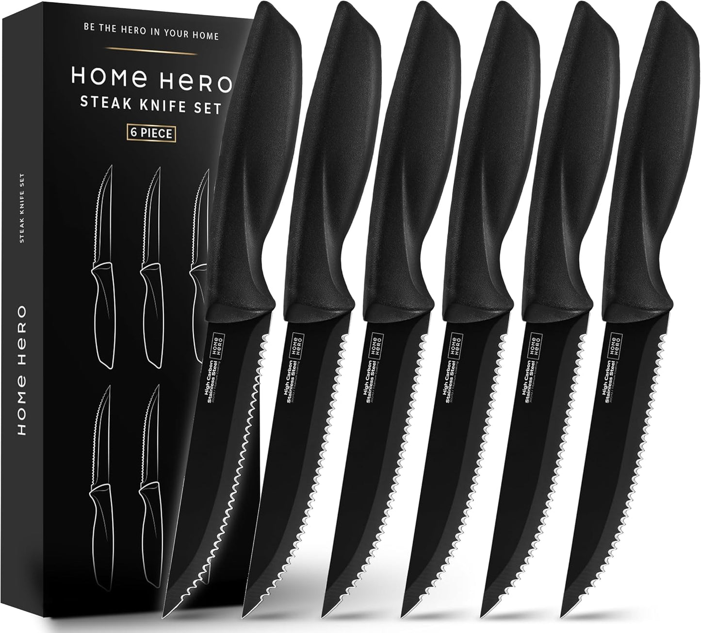 Home Hero 6 Pcs Steak Knives Set, High-Carbon Stainless Steel Razor-Sharp Serrated Knives with Ergonomic Handles