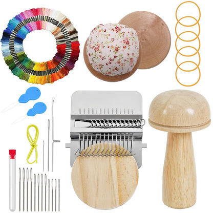 Knit kit Patch Loom, Mushroom Knit Kit Patch with 14 Hooks 16 PCS Large Eye Needles 100 Color Threads for Handcraft DIY Weaving Repair Tool Darning Kit for Beginners Mending Jeans Socks