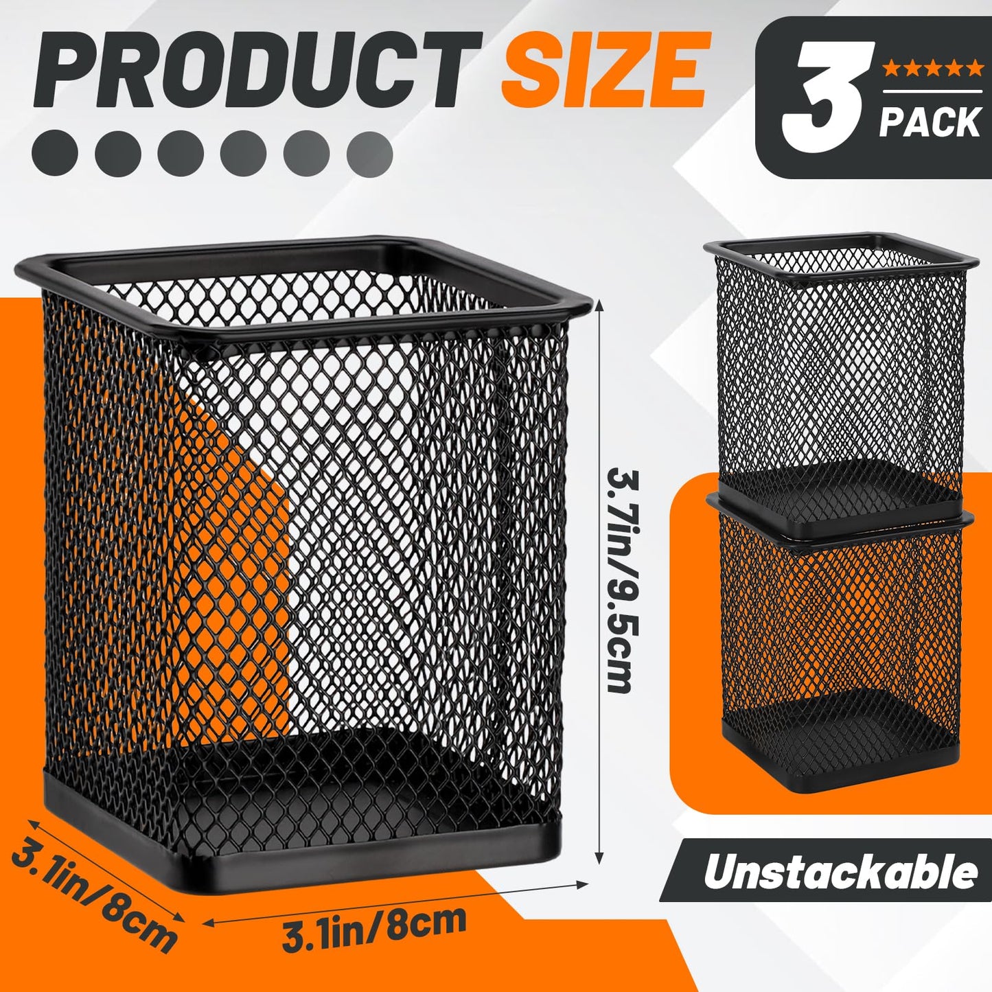 Segarty Square Pen Holder, 3 Pack Black Pen Holder for Desk, Metal Mesh Pencil Cup Container Desktop Accessories Organizer for Office, School, Home, Makeup Brush