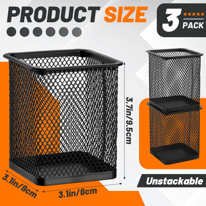 Segarty Square Pen Holder, 3 Pack Black Pen Holder for Desk, Metal Mesh Pencil Cup Container Desktop Accessories Organizer for Office, School, Home, Makeup Brush
