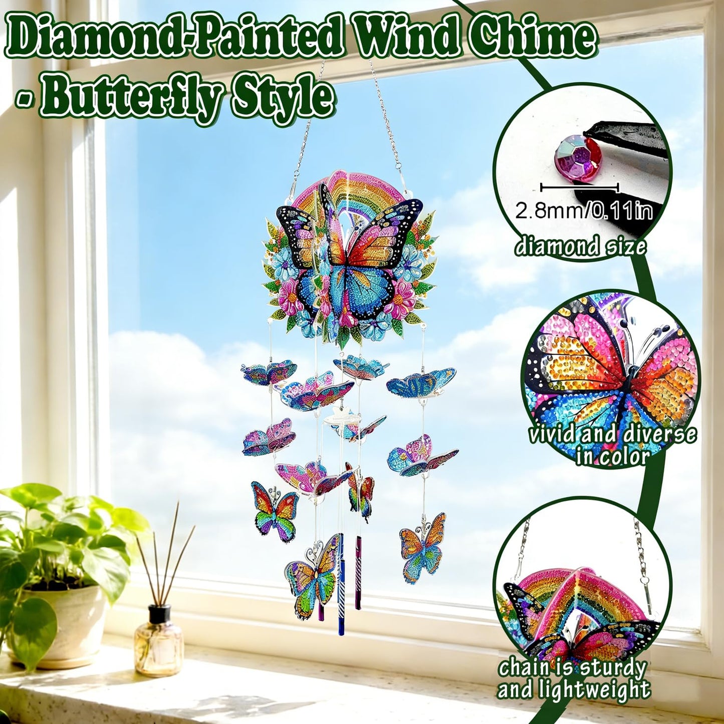 Xylzzuit Diamond Art Painting Wind Chimes Rhinestone Butterfly Diamond Art Suncatcher Double Sided Hanging Pendant DIY Craft for Adults Wall Window Ornament Home Decor (Butterfly01)