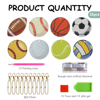 INCOK Ball Diamond Art Keychains - 16 Pcs Diamond Painting Ornament Kits DIY Basketball Football Baseball Softball Key Chain Set Gem Art Crafts Birthday Festival Gift for Adult Beginners Sport Lover