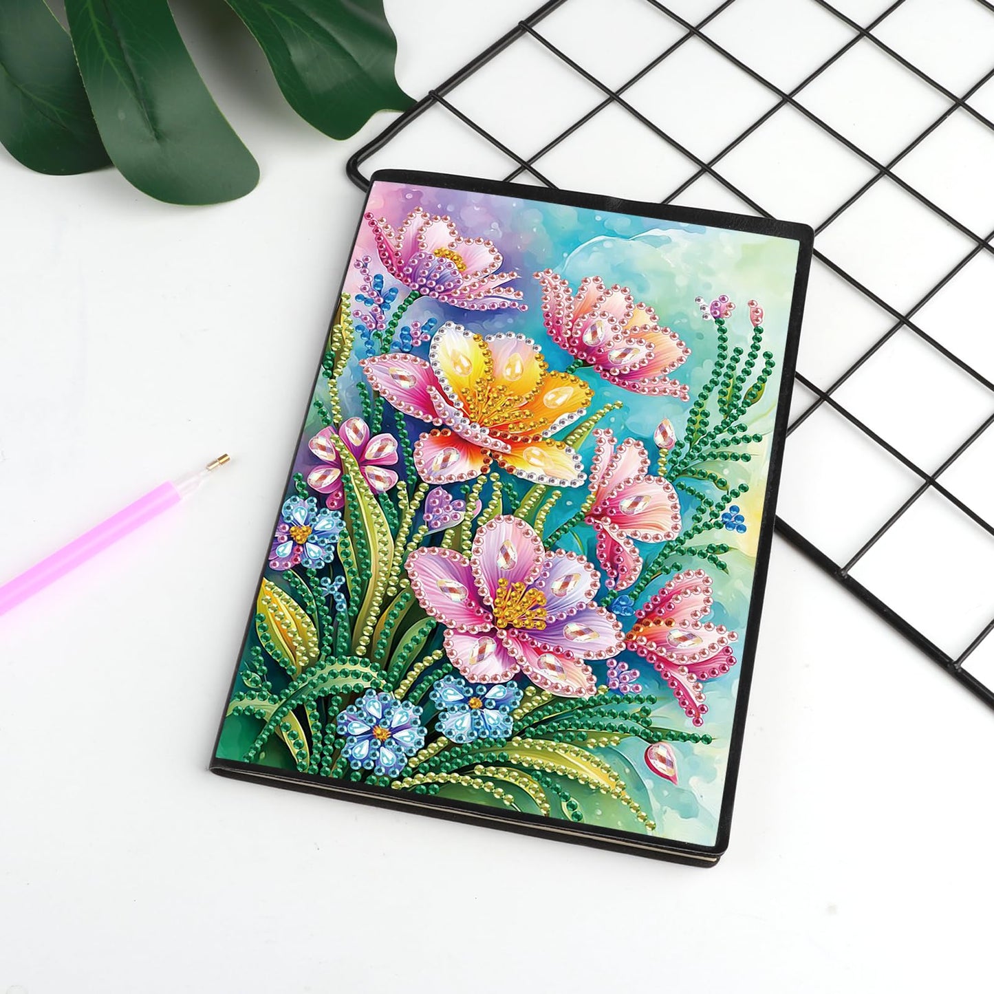 JISHSHAY Diamond Painting Notebook Journal Diamond Art Note Book Gem Art Sketch Book Gem Painting Diary Mosaic Kits for Adults Blank Notebook with Special Drills 14.5×21cm/5.7×8.26in Flower