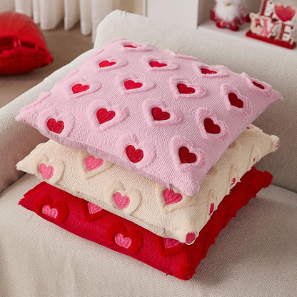 WKJZH Valentines Day Pillow Covers 18x18 Inch Set of 2 Pink Embroidery Beige Heart Decorative Beige Soft Plush Faux Wool Throw Pillows for Couch Sofa Bedroom Holiday Home Decor MRD01C45