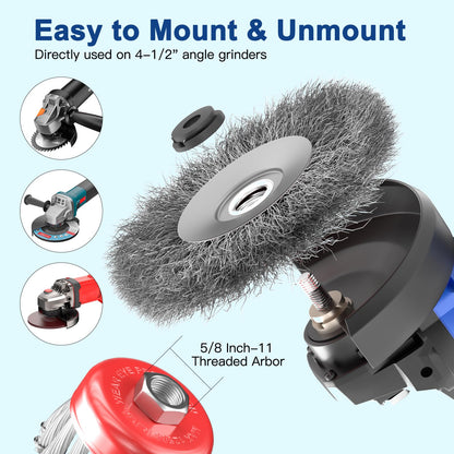 BURMONG 7 PCS Wire Wheel Brush for 4-1/2" Angle Grinder, Carbon Steel Knotted & Crimped Cup/Wheel Brushes (3" & 4"), Heavy Duty Rust, Paint, Corrosion Removal, 5/8"-11 UNC Threaded Arbor